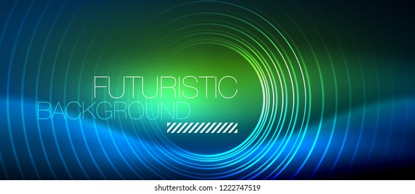 Neon glowing circles background, vector energy magic template