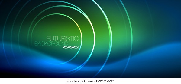 Fondo de los círculos brillantes neones, plantilla de magia de energía vectorial