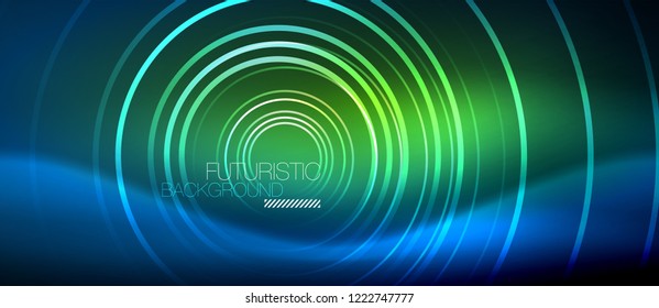 Neon glowing circles background, vector energy magic template