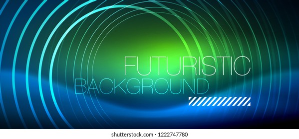 Neon glowing circles background, vector energy magic template