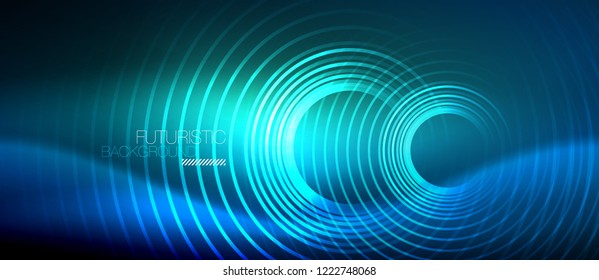 Neon glowing circles background, vector energy magic template