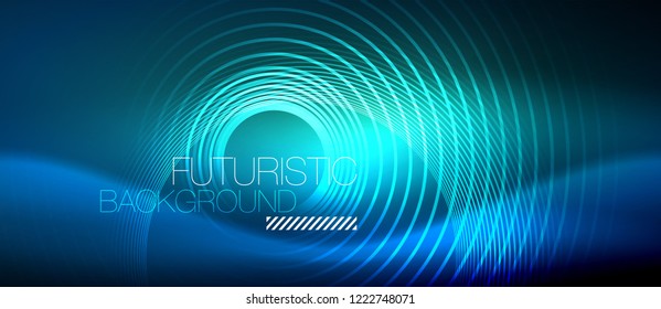 Neon glowing circles background, vector energy magic template