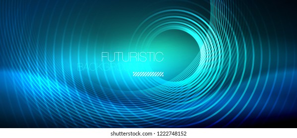 Neon glowing circles background, vector energy magic template