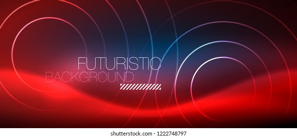 Neon glowing circles background, vector energy magic template