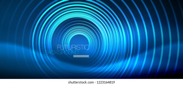 Neon glowing circles background, vector energy magic template