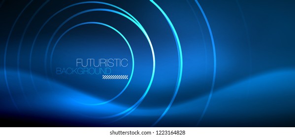 Neon glowing circles background, vector energy magic template