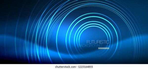 Neon glowing circles background, vector energy magic template