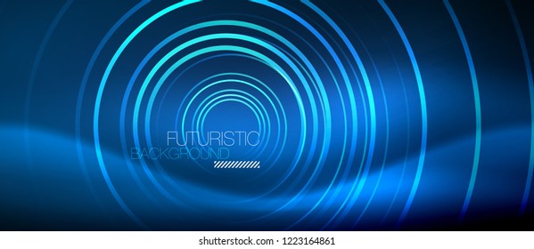 Neon glowing circles background, vector energy magic template