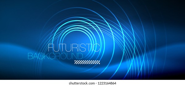 Neon glowing circles background, vector energy magic template