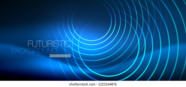 Neon glowing circles background, vector energy magic template