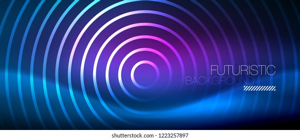 Neon glowing circles background, vector energy magic template