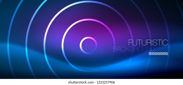 Neon glowing circles background, vector energy magic template