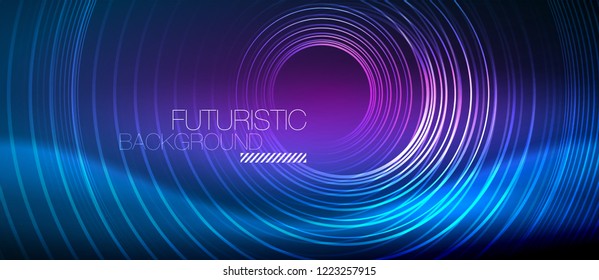 Neon glowing circles background, vector energy magic template