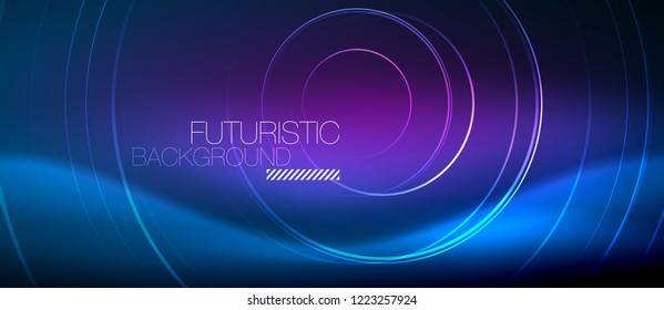 Neon glowing circles background, vector energy magic template