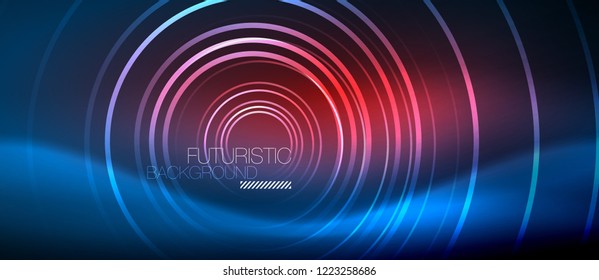 Neon glowing circles background, vector energy magic template
