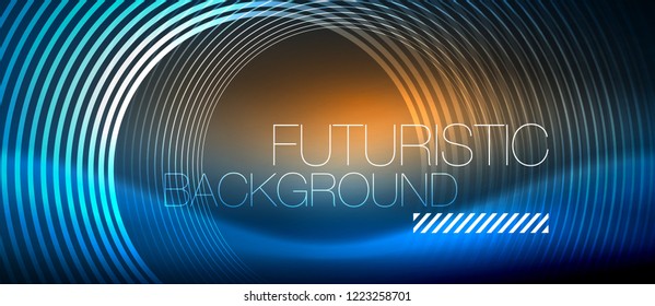 Neon glowing circles background, vector energy magic template