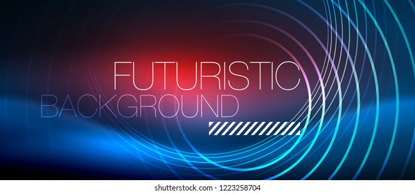 Neon glowing circles background, vector energy magic template