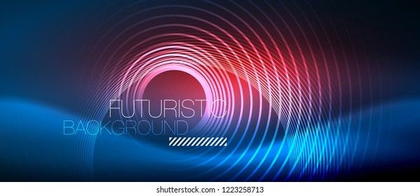 Neon glowing circles background, vector energy magic template