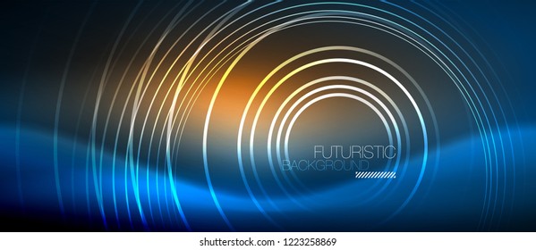 Neon glowing circles background, vector energy magic template