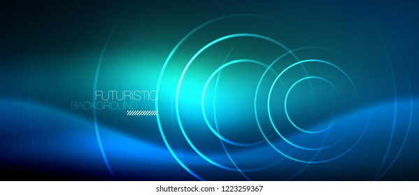 Neon glowing circles background, vector energy magic template