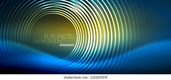 Neon glowing circles background, vector energy magic template
