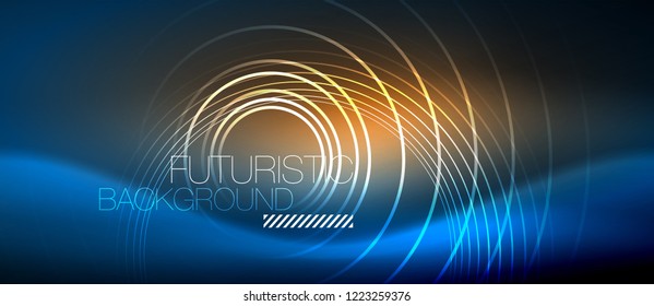 Neon glowing circles background, vector energy magic template
