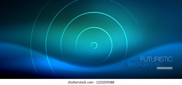 Neon glowing circles background, vector energy magic template