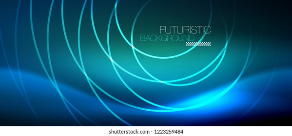 Neon glowing circles background, vector energy magic template