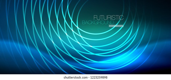Fondo de los círculos brillantes neones, plantilla de magia de energía vectorial