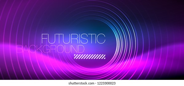 Neon glowing circles background, vector energy magic template