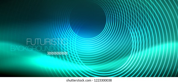 Neon glowing circles background, vector energy magic template