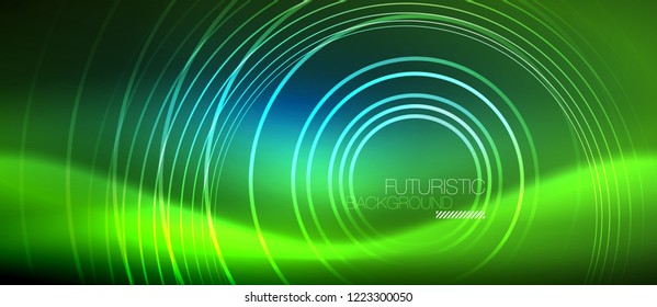 Fondo de los círculos brillantes neones, plantilla de magia de energía vectorial