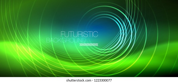 Neon glowing circles background, vector energy magic template