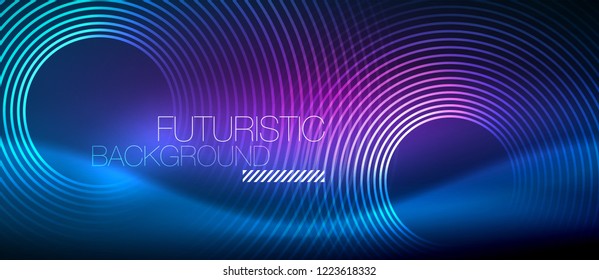 Neon glowing circles background, vector energy magic template