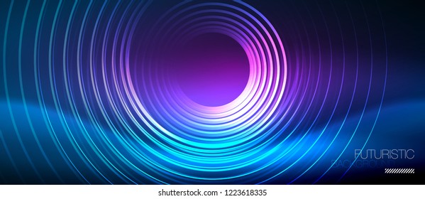 Neon glowing circles background, vector energy magic template