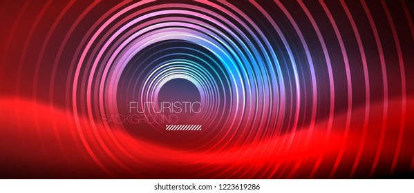 Neon glowing circles background, vector energy magic template