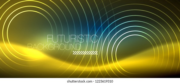 Neon glowing circles background, vector energy magic template