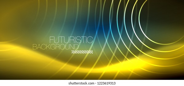 Neon glowing circles background, vector energy magic template