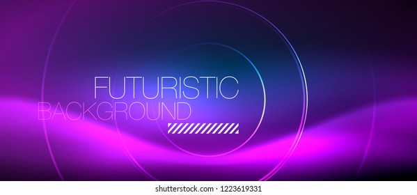 Neon glowing circles background, vector energy magic template