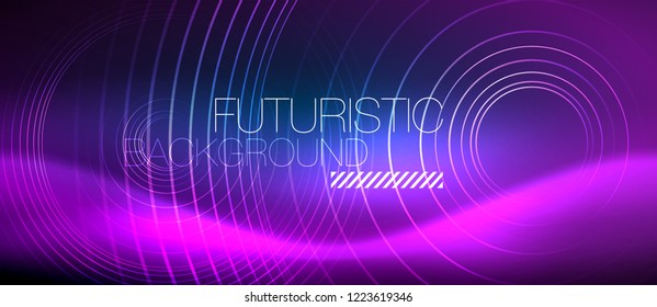 Neon glowing circles background, vector energy magic template