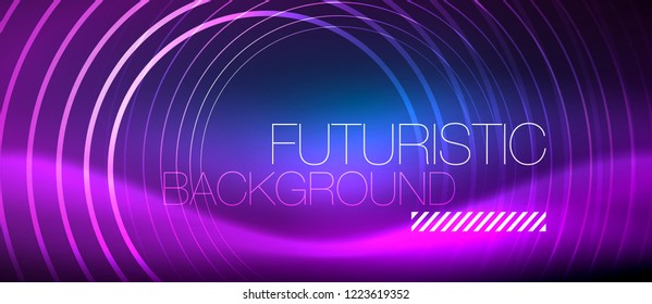 Neon glowing circles background, vector energy magic template