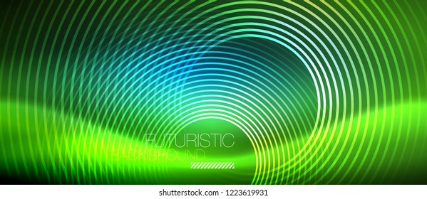 Neon glowing circles background, vector energy magic template