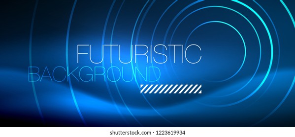 Neon glowing circles background, vector energy magic template