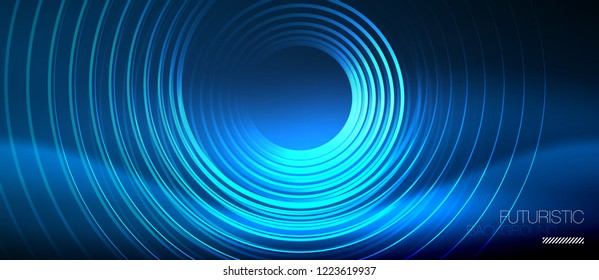 Neon glowing circles background, vector energy magic template