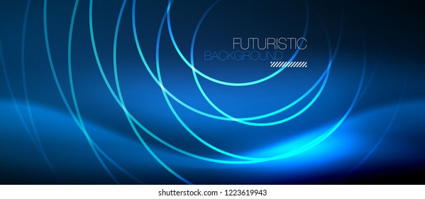 Neon glowing circles background, vector energy magic template