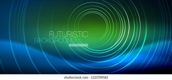 Neon glowing circles background, vector energy magic template