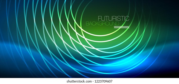 Neon glowing circles background, vector energy magic template