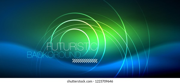 Neon glowing circles background, vector energy magic template