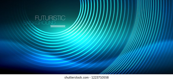 Neon glowing circles background, vector energy magic template
