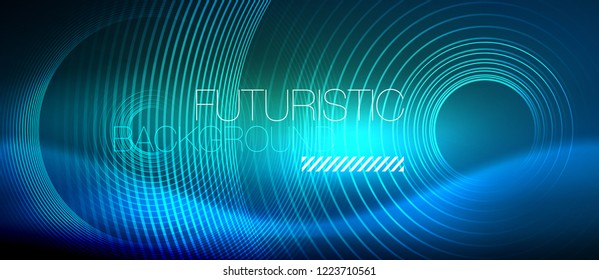 Neon glowing circles background, vector energy magic template